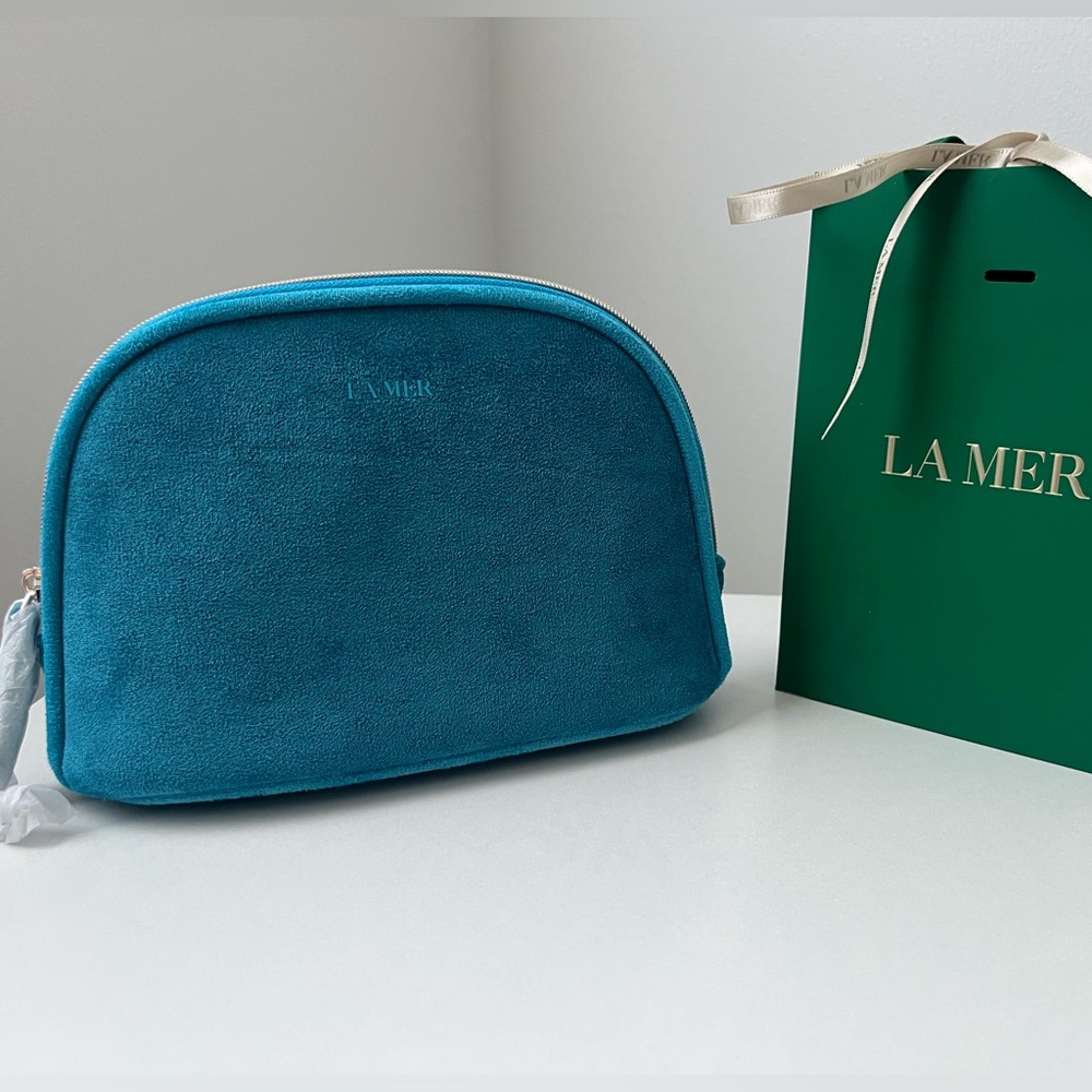 La Mer Turquoise Suede Makeup Cosmetic Bag / Pouch